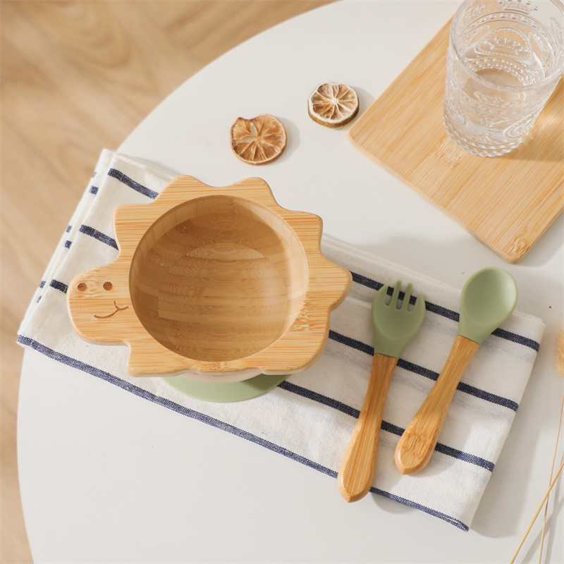 Silicone Suction Bowl - Baby Wooden Tableware Set Dinosaur Bamboo