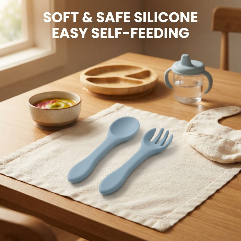 Baby Food Utensils - 2pcs Silicone Baby Fork Spoon Set