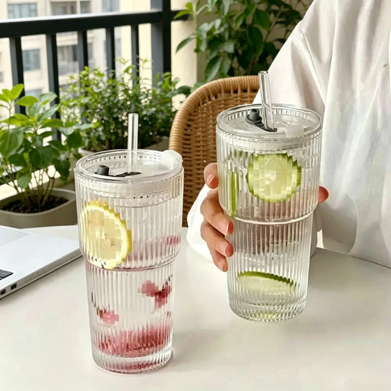 Training Cup Straw - Striped Glass Coffee Cup with Lid