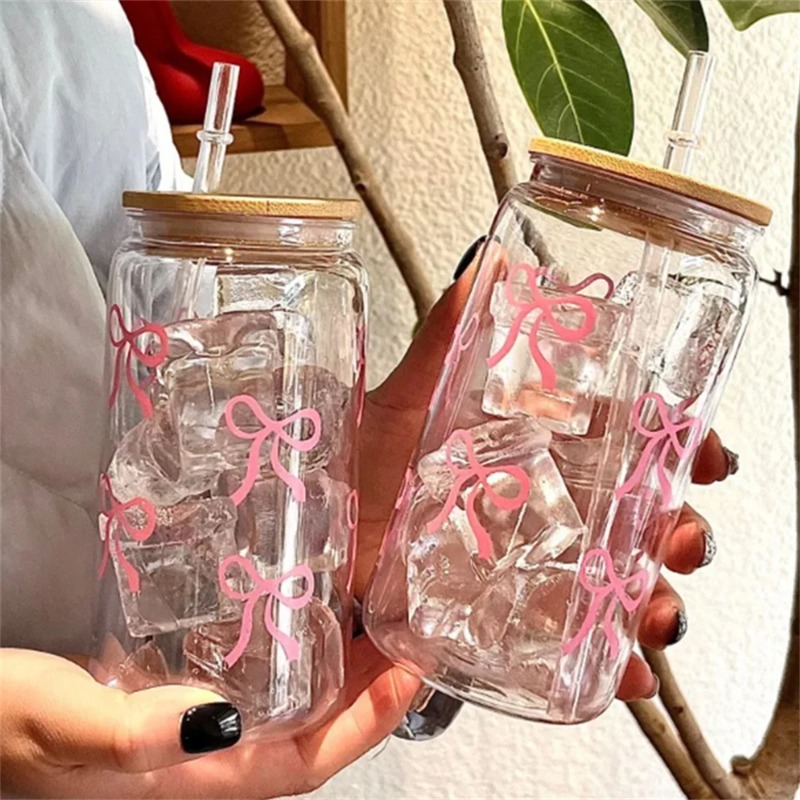 1pc Cute Bow Glass Cup 500ml T - مراجعة Training Cup Straw وسعره
