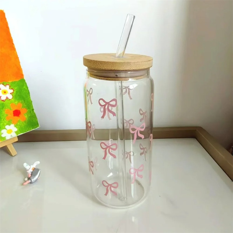 1pc Cute Bow Glass Cup 500ml T - مراجعة Training Cup Straw وسعره