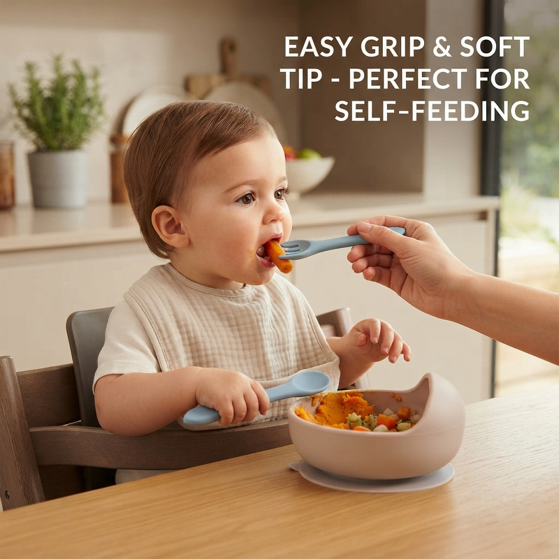 2pcs Silicone Baby Fork Spoon  - مراجعة Baby Food Utensils وسعره